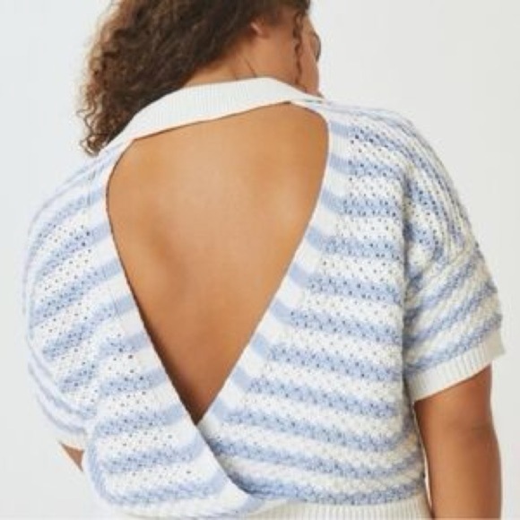 Anthropologie Maeve Grace Blue White Stripe Collared Short Sleeve Knit Sweater - Picture 3 of 14